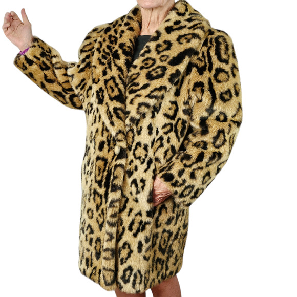 Vintage 1980s faux fur leopard brown black plush coat Mob wife size 8 - Picture 1 of 11